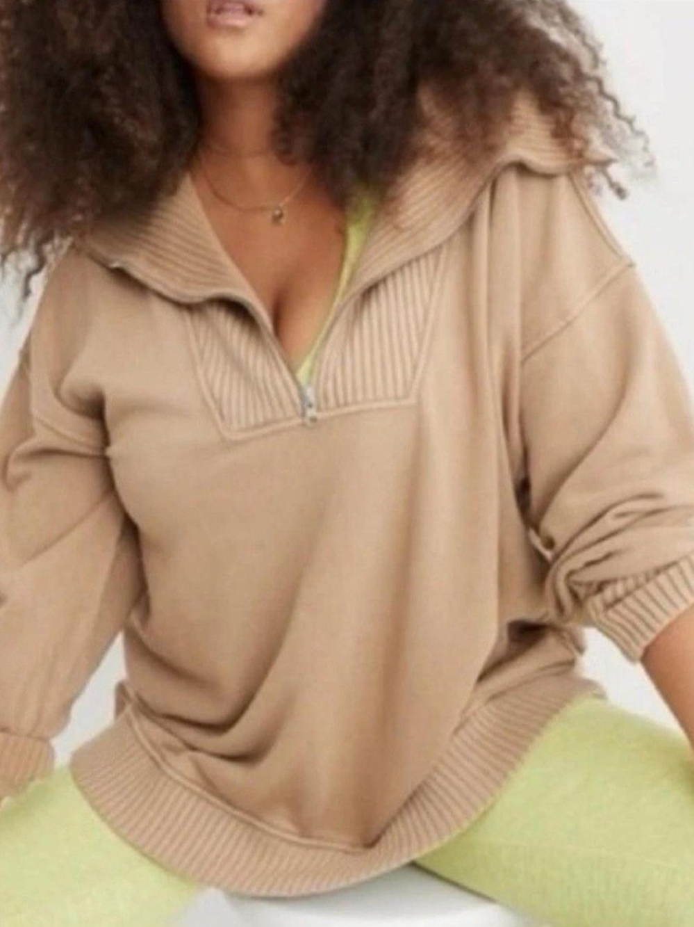 aerie Beige Half-Zip Cowl Turtleneck Sweater